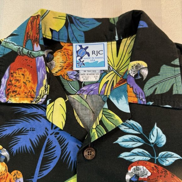 Vintage RJC Parrot Print YOUTH Sz 8 Button Up Hawaiian Tropical Shirt Made USA - Picture 8 of 11